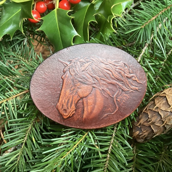 No Maker Found Handmade Accessories - Vintage Leather Embossed Flowing Mane/Forelock Stallion Horse Belt Buckle